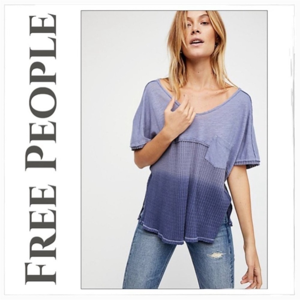 NWOT Free People We The Free Sun Dial Linen Cotton Knit Tee - Blue Slate XS